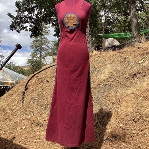 🍄Upcycled Maroon Sleeveless Mushroom Heart Maxi Dress Size S Boho Festival